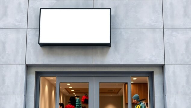 Blank rectangular shop sign hanging above a glass store entrance door on a modern building wall