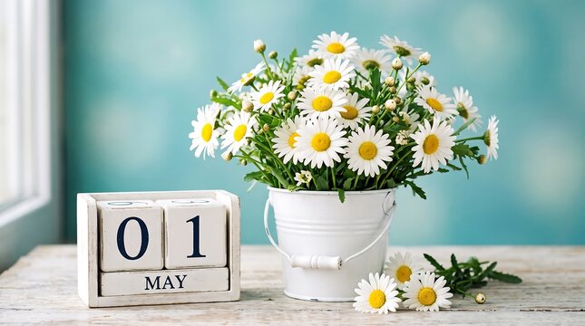 A beautiful bouquet of fresh white daisy flowers in a white bucket with a wooden calendar showing date number one