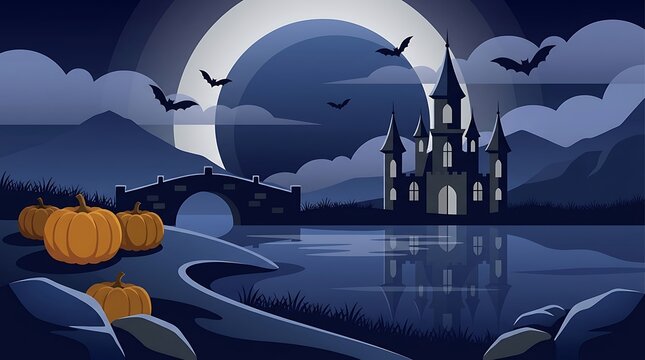 Mysterious castle silhouette across stone bridge under large moon with orange pumpkins in foreground for halloween seasonal greeting cards.