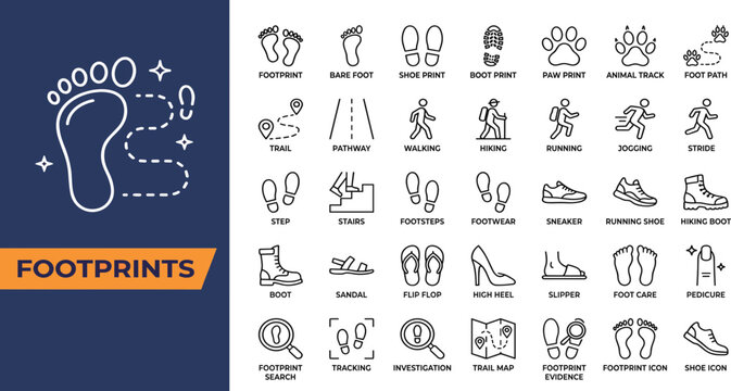Footprints icon set. Human bare feet steps and travel symbol.