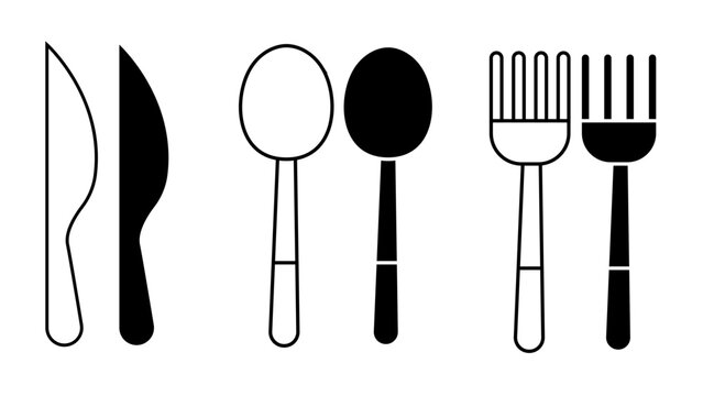 Knife, Spoon and Fork Vector Icon Set, Kitchen Cutlery in Outline and Solid Styles