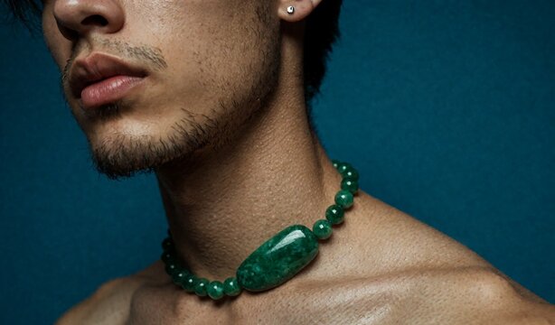 Close-up Portrait Man Wearing Green Beaded Necklace Against Teal Background