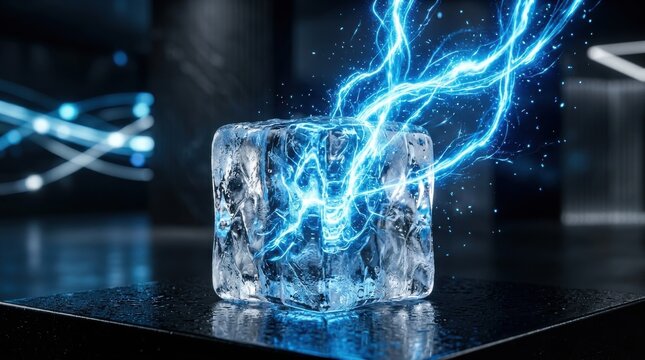 Ice cube crackling with vibrant blue electrical energy and sparks