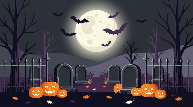 Halloween graveyard with full moon, tombstones, pumpkins, and flying bats under night sky for spooky celebration.
