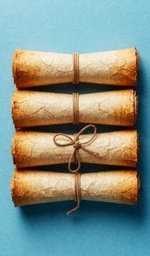 Rustic Rolled Parchment Scrolls Tied with Twine on Blue Background