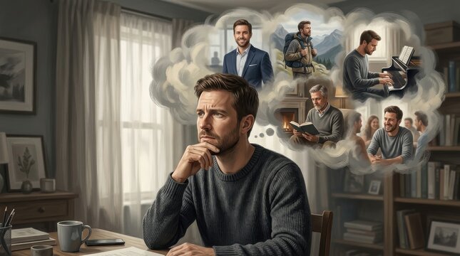 Man contemplates past, present, and future aspirations in a thoughtful moment
