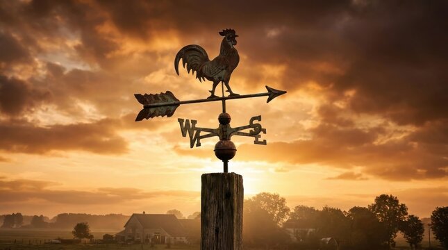Rustic rooster weather vane silhouetted against a dramatic cloudy sunset sky