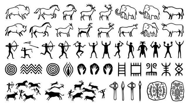 Ancient petroglyph cave art vector collection with primitive hunters stone age animals silhouettes tribal rituals and prehistoric symbols isolated on white background