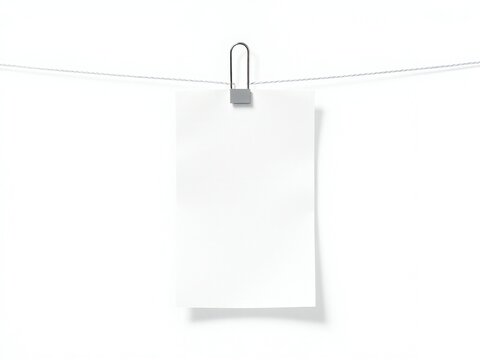 Blank white paper sheet hanging on a laundry line with a metal clip