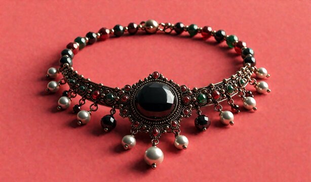 Ornate Antique Indian Jewelry Bracelet with Black Stone on Pink Background