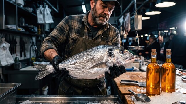 Middle aged male fishmonger holding large sea bream on ice at busy indoor seafood market stall, preparing fresh catch for retail customers in evening shift