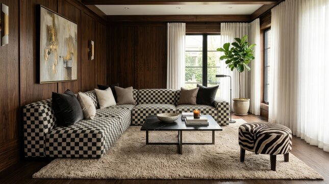 Modern wood-paneled living room with checkered pattern sofa.