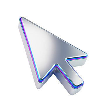 Chrome computer mouse cursor arrow with neon edges isolated on transparent background designed for user interface navigation web design and digital media.