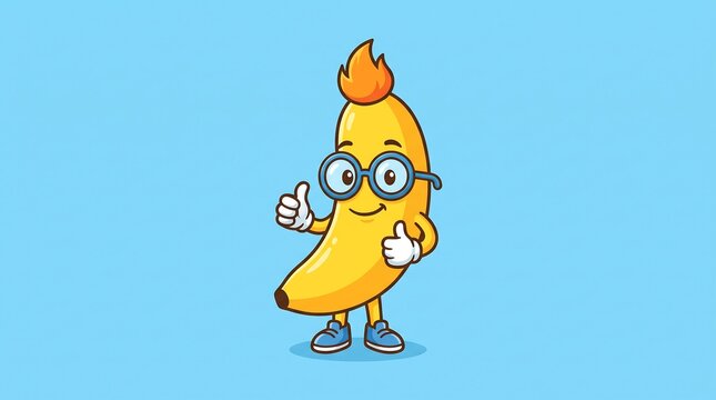 Cartoon banana character with glasses and orange hair, funny fruit mascot giving thumbs up, cheerful yellow banana illustration