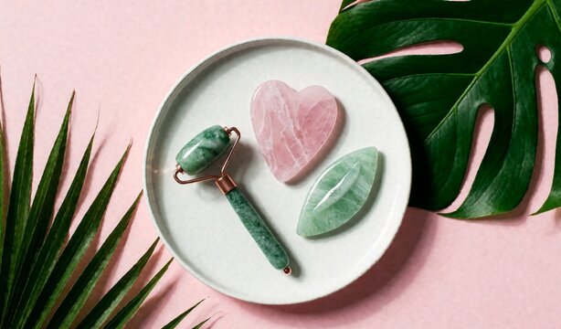 Rose Quartz Facial Roller and Gua Sha with Tropical Green Leaves on Pink Background