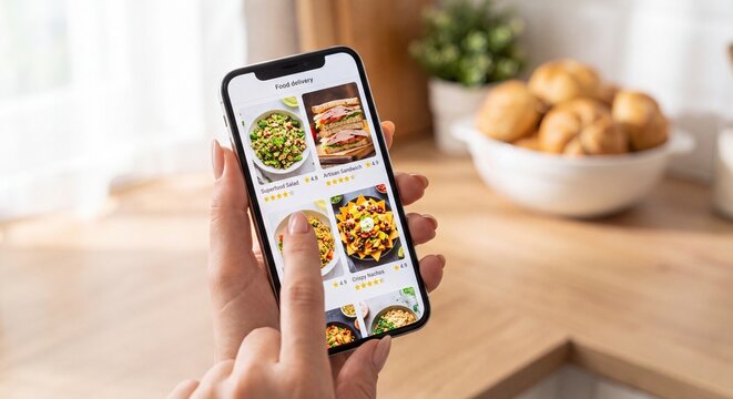 Person browsing online food delivery application interface on smartphone screen in home kitchen setting environment with options through digital