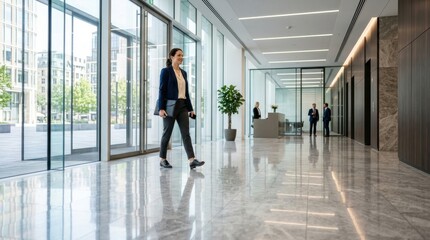 Fototapeta premium Businesswoman walks through a modern office building lobby with polished floors