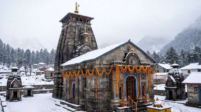 Kedarnath temple, shrine covered with snow. Kedarnath temple is a Hindu temple dedicated to Shiva. Located on the Garhwal Himalayan range near the Mandakini rive