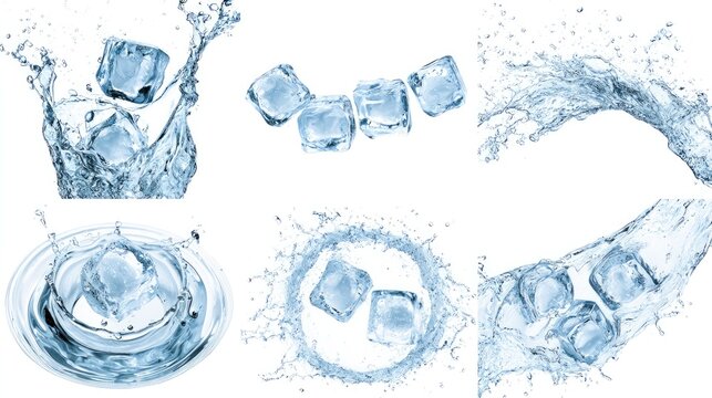 Collection of Ice Cubes Splashing in Water with Dynamic Water Droplets.