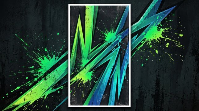 Green and blue geometric element on dark grunge wall
