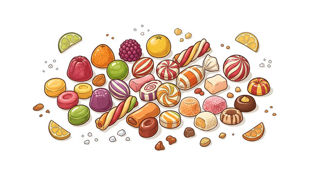 Bright Fruit Hard Candies, Marshmallows, and Jellies Set for Food Packaging and Banner Design