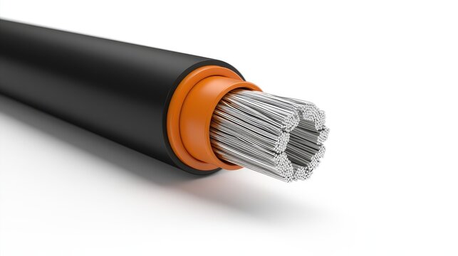 Close-up view of a cut electrical power cable showing its internal structure.