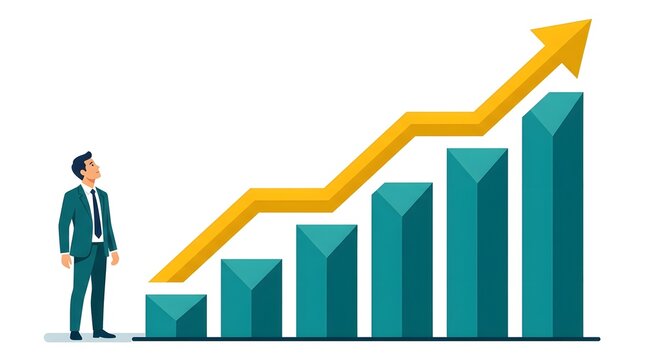 Business professional standing next to upward trending bar graph representing financial growth