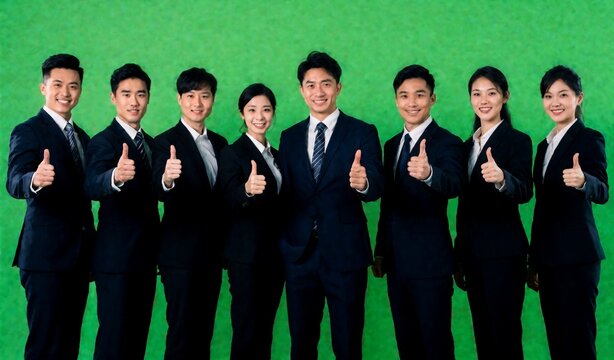 Group of Diverse Asian Business Professionals Standing Smiling Against Green Screen