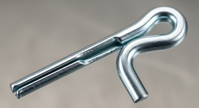 Metal cotter pin secured against a clean grey background with studio lighting