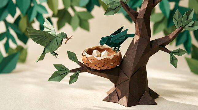 Two Origami Birds Building Nest with Eggs on Tree Branch &mdash; Intimate Cinematic Paper Diorama Nature Art