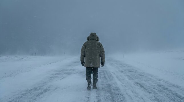 Lone figure walks down a snow-covered road during a blizzard