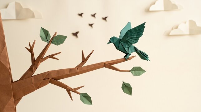 Origami Bird on Branch Edge Ready for First Flight with Distant Flock &mdash; Cinematic Paper Diorama Freedom Art