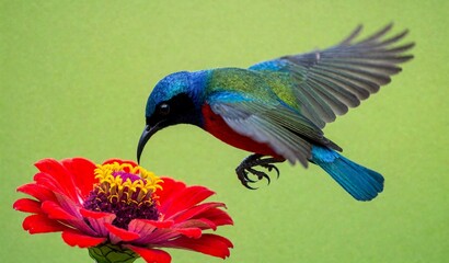 Naklejka premium Vibrant Hummingbird Feeding on Red Flower in Green Background