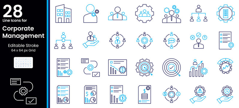 Corporate Management Icons Set &ndash; Business Strategy, Team Leadership, Organization, Planning, Performance, Workflow and Management Symbols in Editable Stroke Vector Collection, blue duotone 