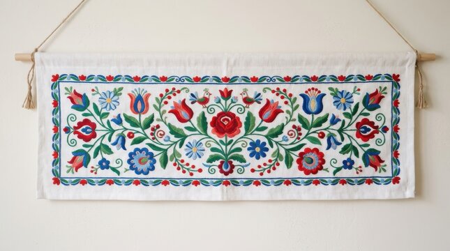 Traditional folk floral embroidery with birds and tulips on white fabric