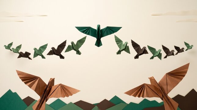 Fifteen Origami Birds in V Formation Migration Over Mountain Landscape &mdash; Cinematic Panoramic Paper Diorama Art