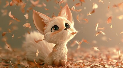 Naklejka premium A playful fox character enjoys the falling autumn leaves while looking up with big expressive eyes in a forest setting.