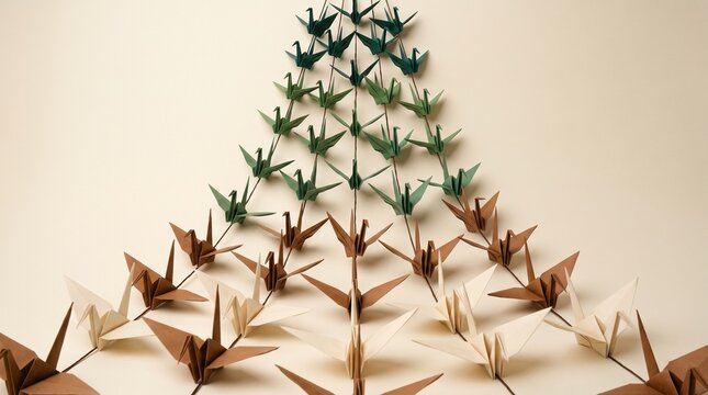 Forty Origami Paper Cranes Cascading in Waterfall Formation &mdash; Japanese Senbazuru Cinematic Diorama Art