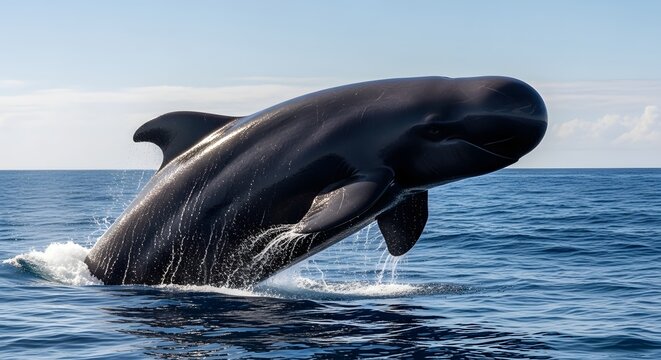 Pilot whale breaching from blue ocean waves during bright daylight with clear sky