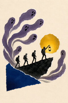Ghost hunters press on through the night on Halloween as spirits gather above, a scene of courage, curiosity and the unknown