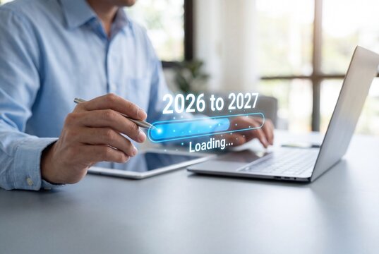 Professional businessman interacting with digital loading bar representing transition between years two thousand twenty six with interface indicating transition, 8k resolution