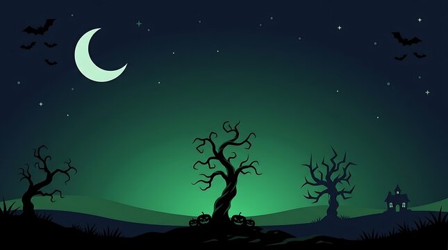 Spooky halloween night landscape with crescent moon silhouettes of crooked trees and carved pumpkins against dark green gradient background.