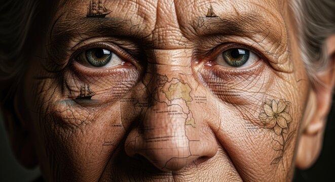 Elderly face close-up with intricate map tattoos.