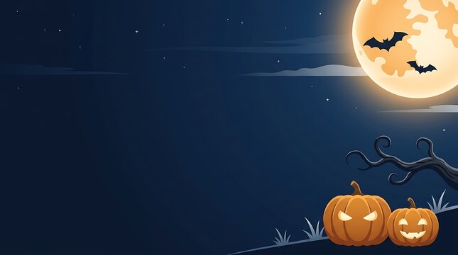 Halloween night background with glowing full moon and silhouettes of scary carved pumpkins under dark sky for spooky holiday project needs.