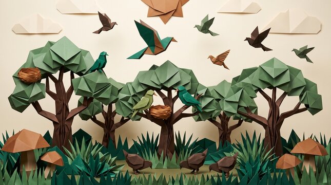 Complete Origami Forest Ecosystem with Ground Birds Trees Nests and Flying Birds &mdash; Panoramic Diorama Nature Art