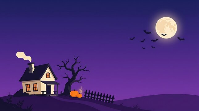 Halloween night landscape featuring haunted house and glowing pumpkins under full moon with bats for spooky holiday greeting card layouts.