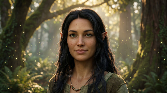 Serene portrait of a female elf in a sunlit magical forest.