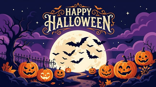 Happy halloween greeting with illuminated pumpkins, bats, and moon on a spooky night, suitable for festive invitations.