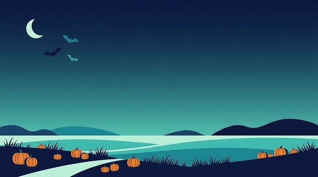 Minimalist halloween landscape with rolling hills, serene water, and scattered pumpkins under a crescent moon and faint bats.