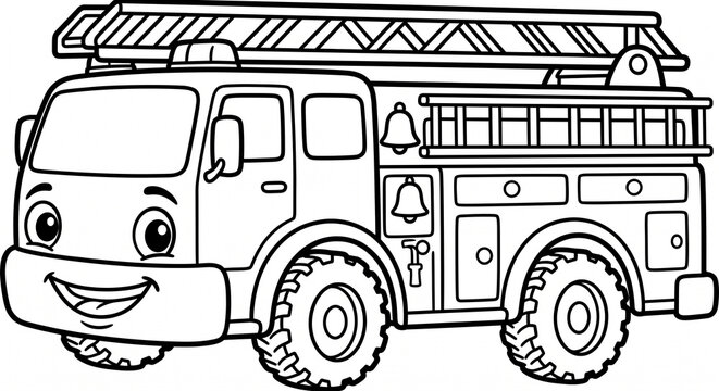Happy Cartoon Fire Truck with Ladder Line Art Coloring Page